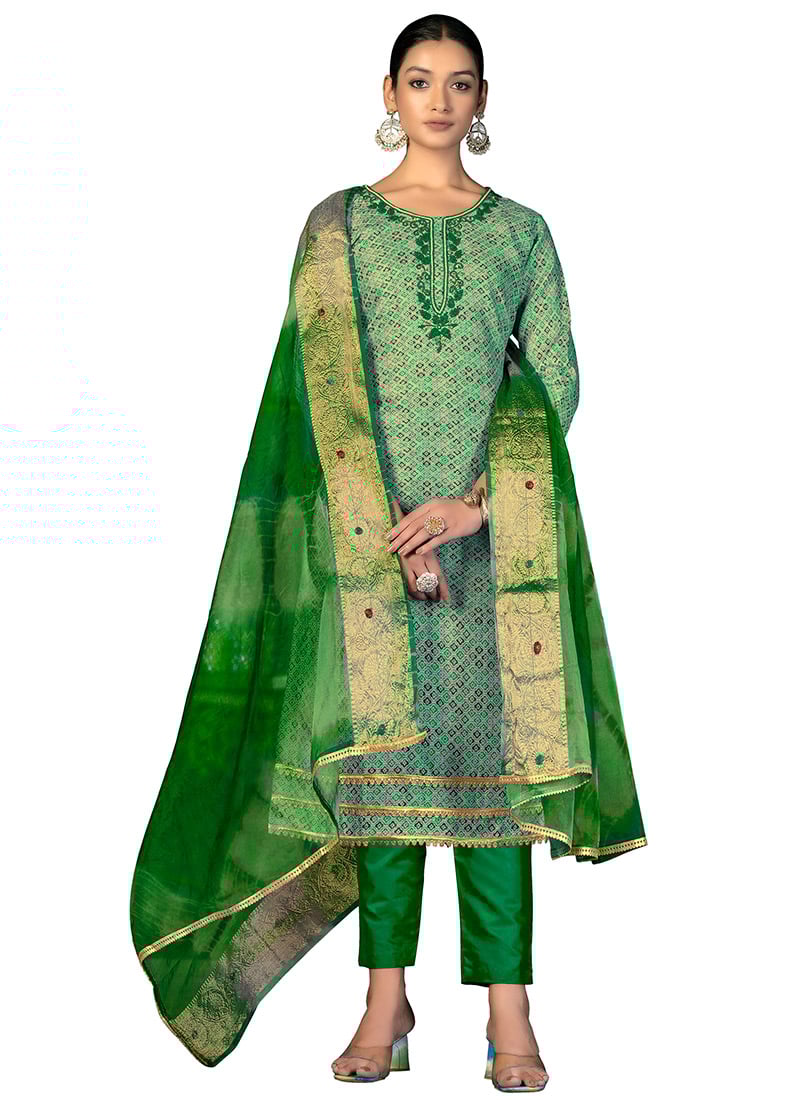 Green Printed Cotton Straight Pant Suit Festive Wear