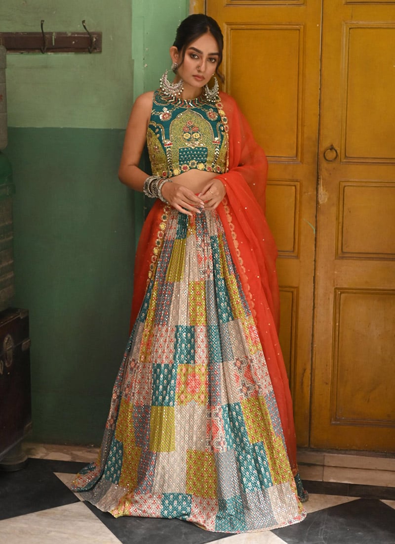 Multicolor Printed Sequins Embroidered French Crepe Silk Lehenga Wedding Wear
