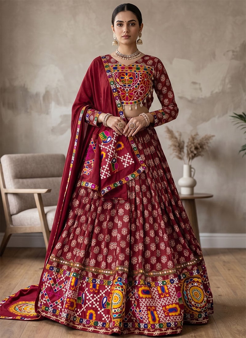 Multicolor Rayon Cotton Mirror Work Navratri Chaniya Choli For Navratri Festive Wear