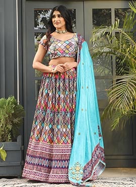 Multicolor Satin Silk Digital Printed Work A Line Lehenga