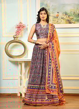 Multicolor Satin Silk N Orange Dupatta Digital Printed Work A Line Lehenga
