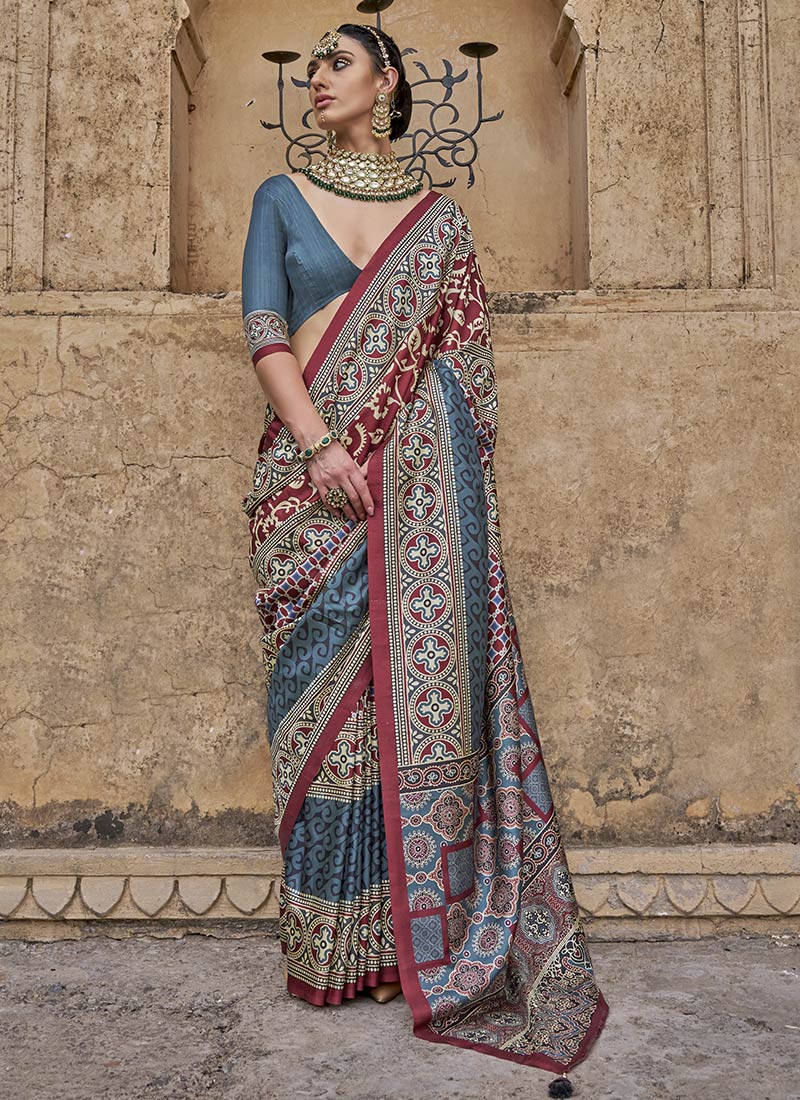 Multicolor Silk Ajrakh Print Saree