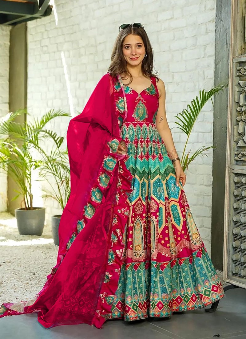 Multicolor Silk Digital Print Anarkali Suit After Six Wear
