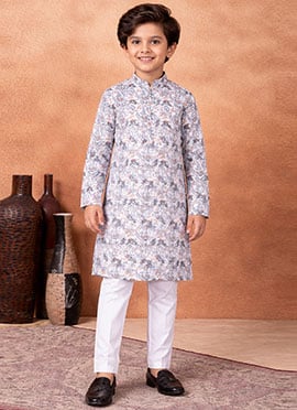 Multicolor Silk Digital Print Kids Boys Kurta Pyjama