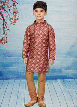 Multicolor Silk Dupion Printed Kids Kurta Pyjama
