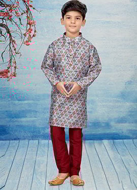 Multicolor Silk Dupion Printed Kids Kurta Pyjama