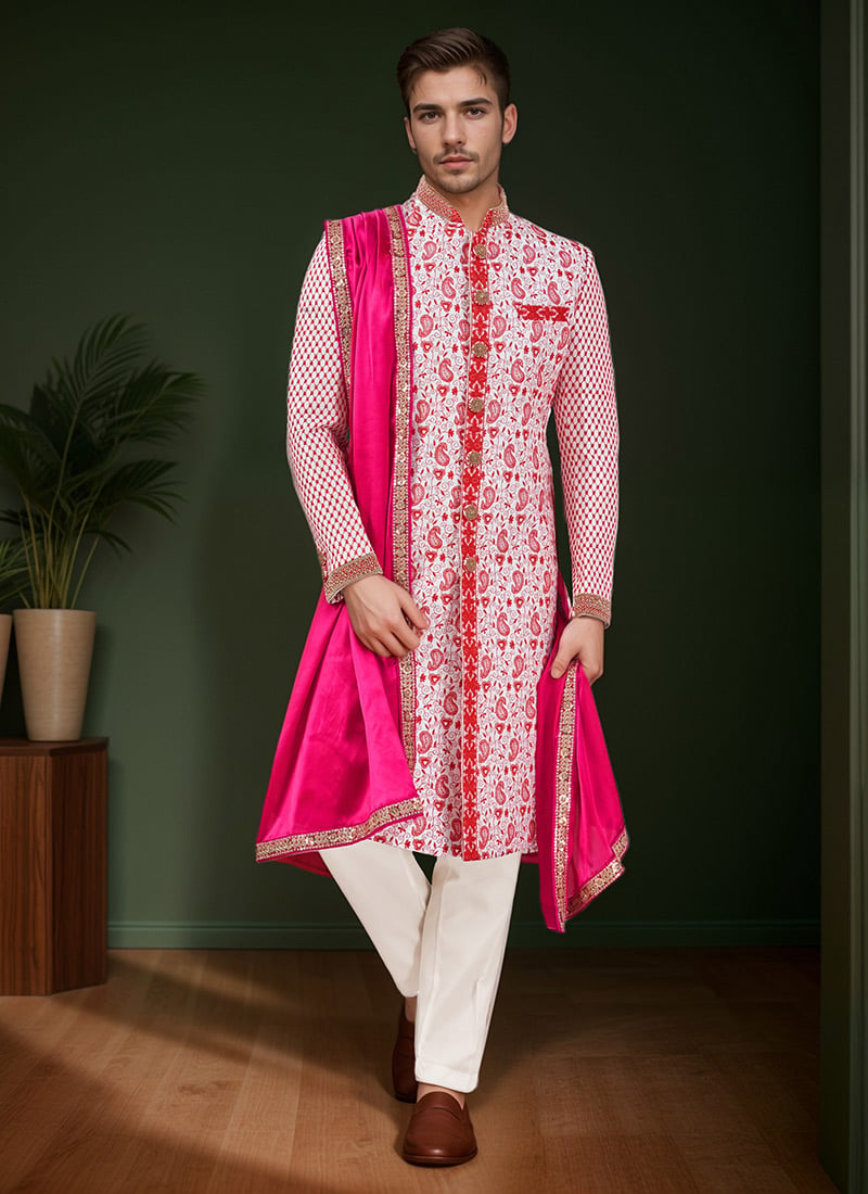 Multicolor Silk Embroidered Classic Sherwani Wedding Wear