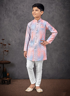 Multicolor Silk Embroidered Sequins Boys Indowestern Sherwani