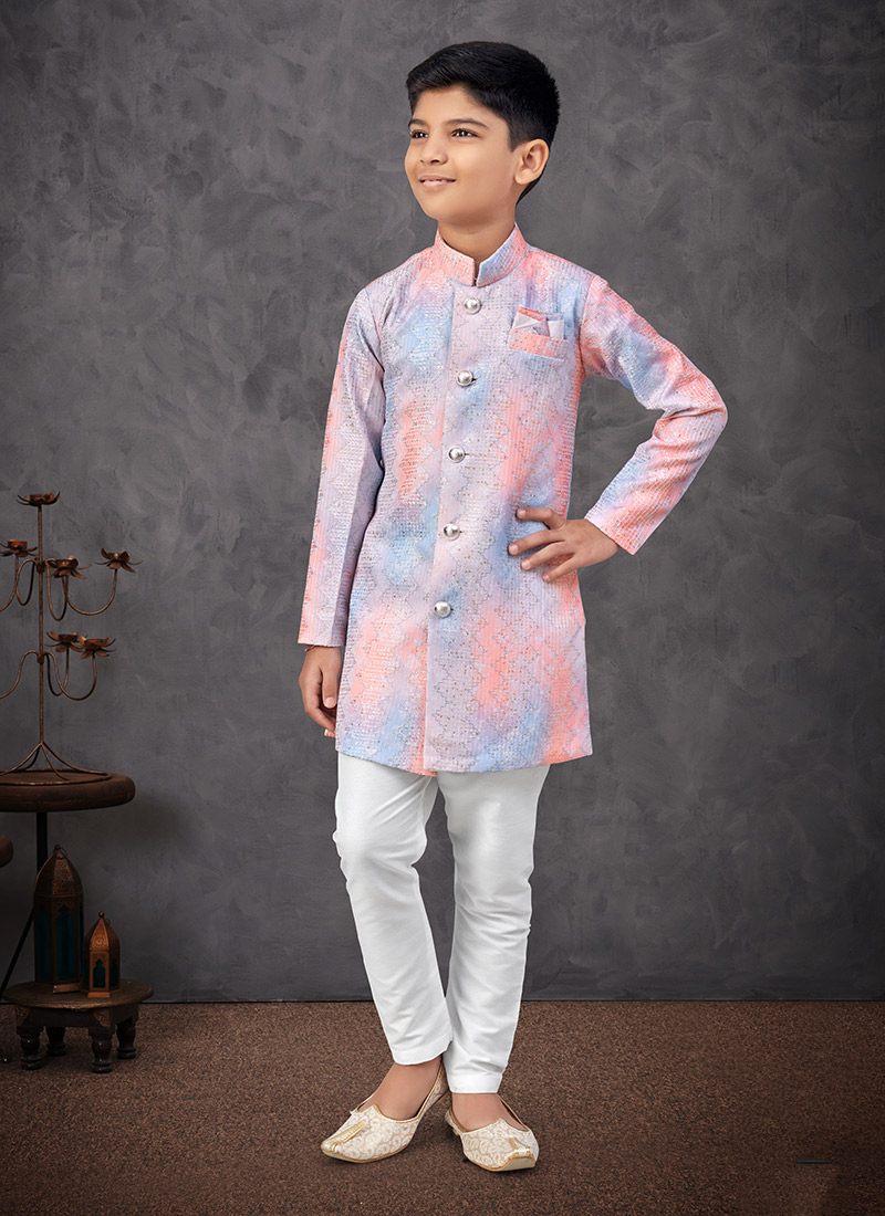 Multicolor Silk Embroidered Sequins Boys Indowestern Sherwani Wedding Wear