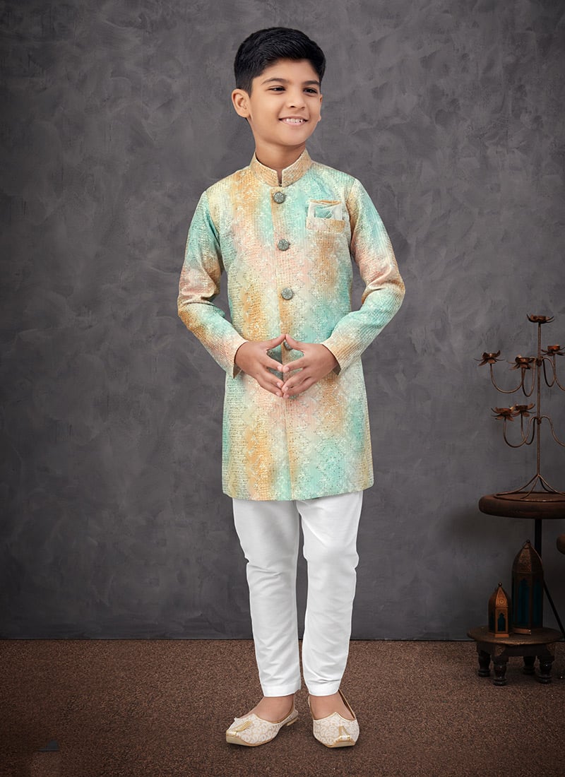 Multicolor Silk Embroidered Sequins Boys Indowestern Sherwani Wedding Wear