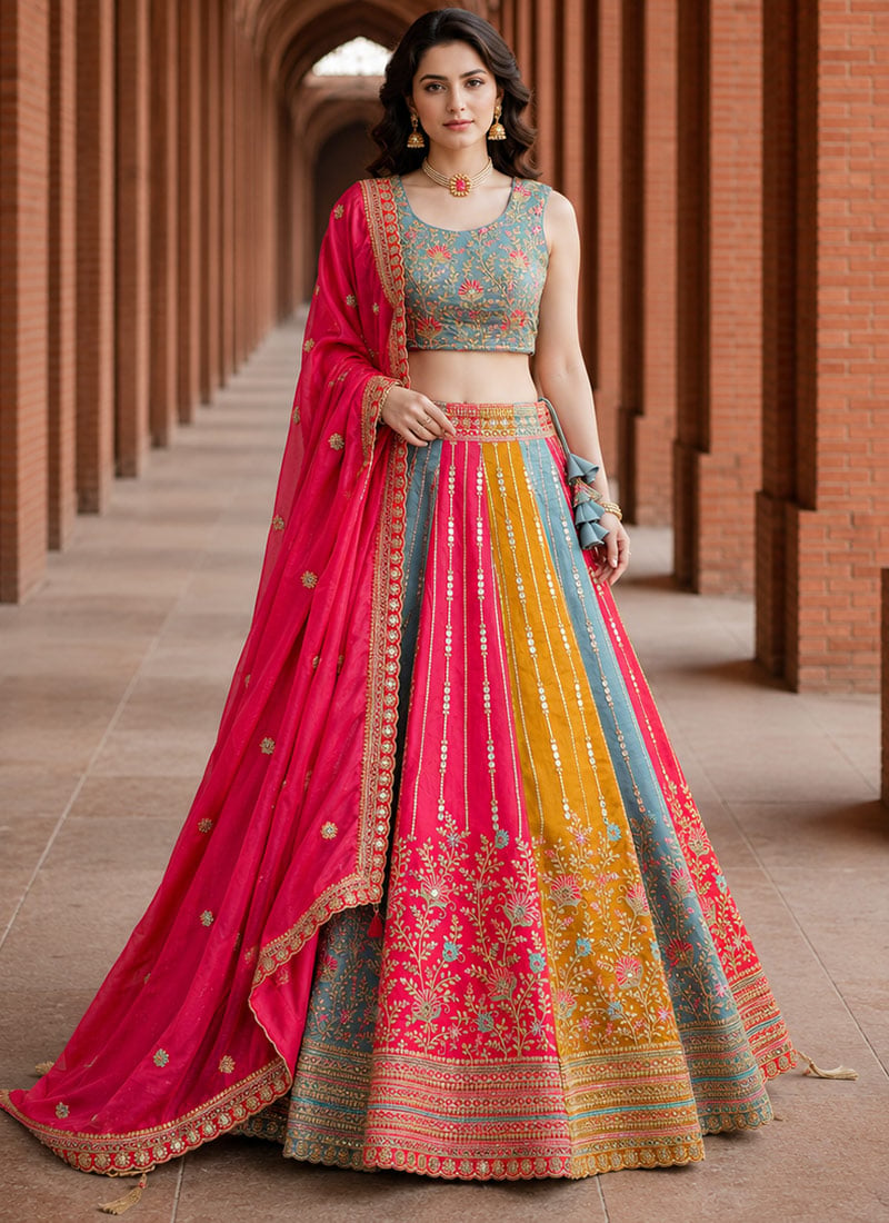 Multicolor Silk Embroidered Sequins Lehenga After Six Wear