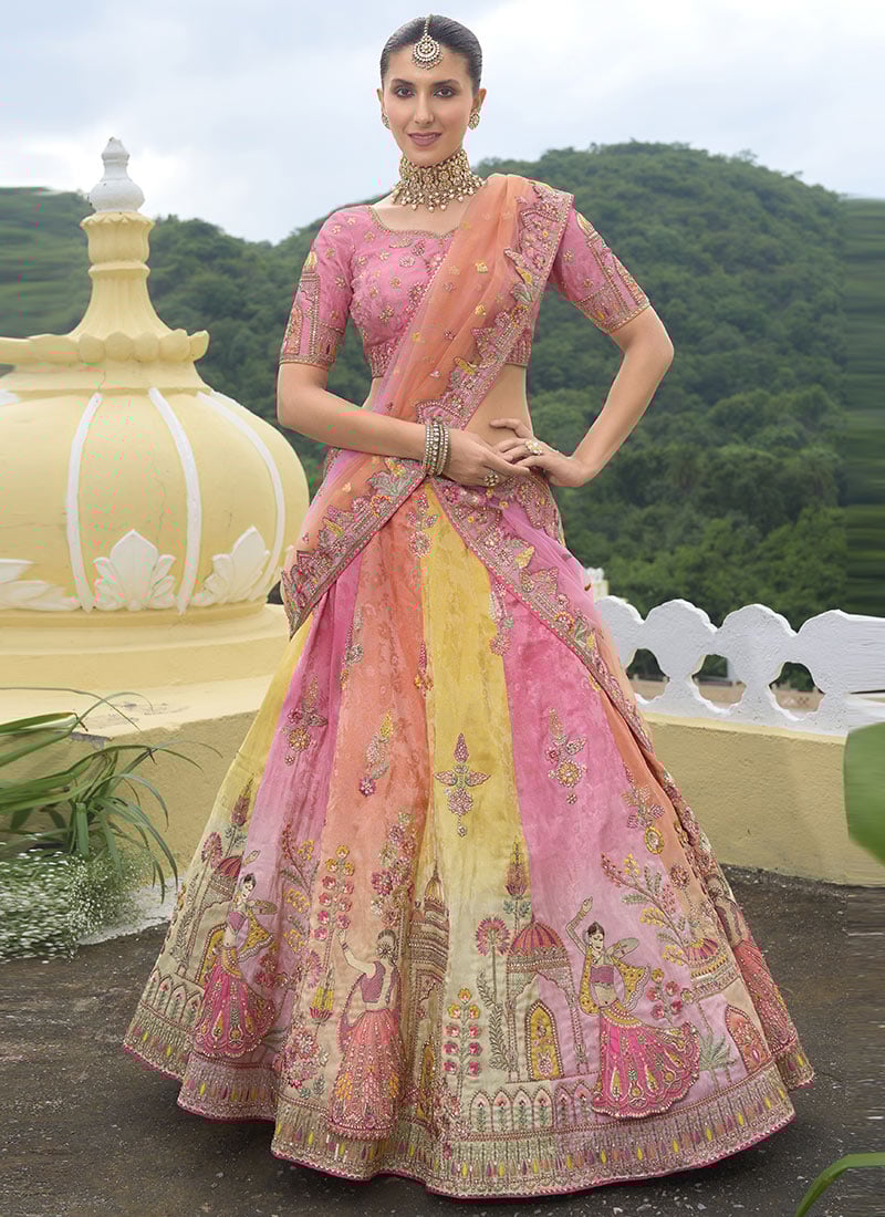 Multicolor Silk Khatli Work Embroidered With Sequins Elegant Lehenga Wedding Wear-GHSLI26087401
