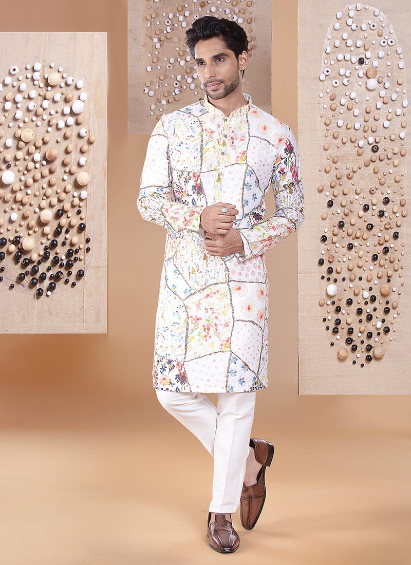 Multicolor Silk Printed Embroidered Kurta Pyjama