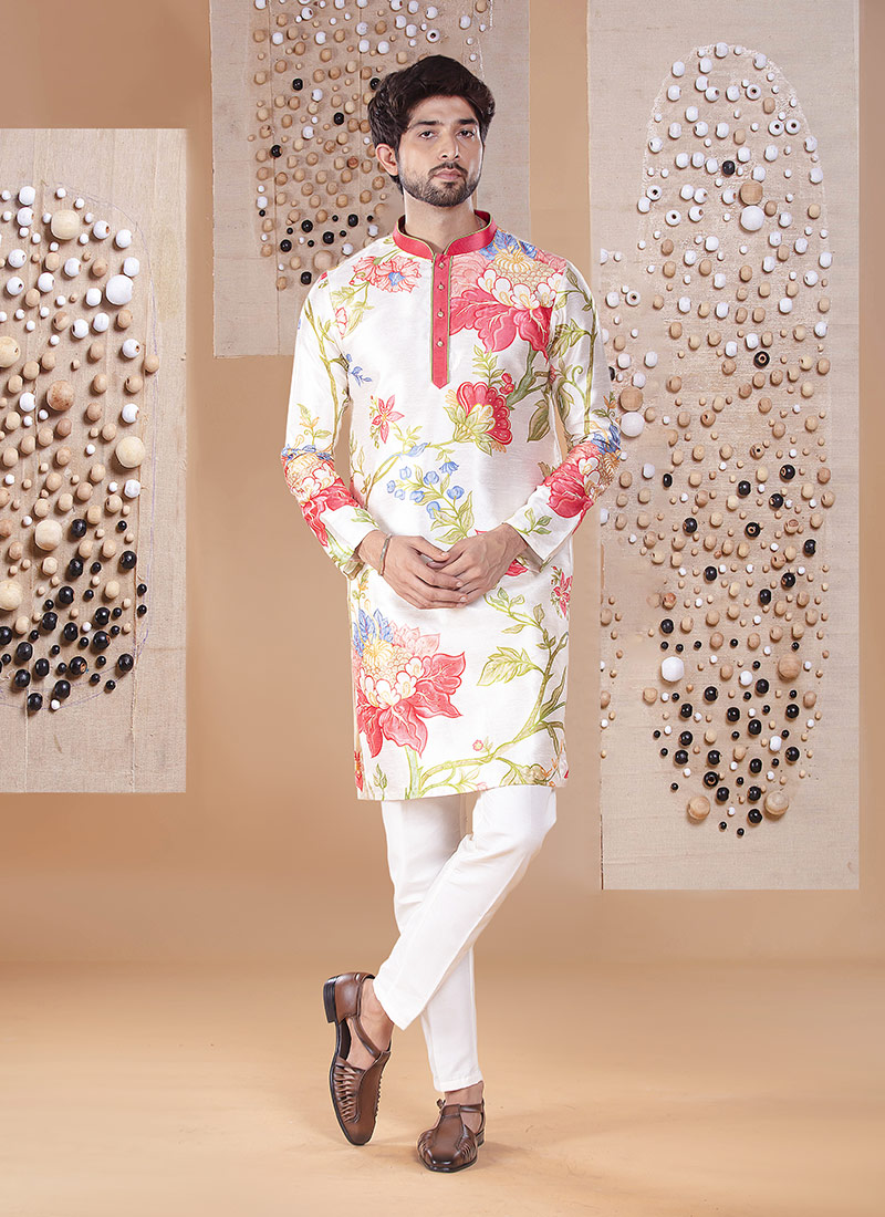 Multicolor Silk Printed With Embroidered Kurta Pyjama Festive Wear