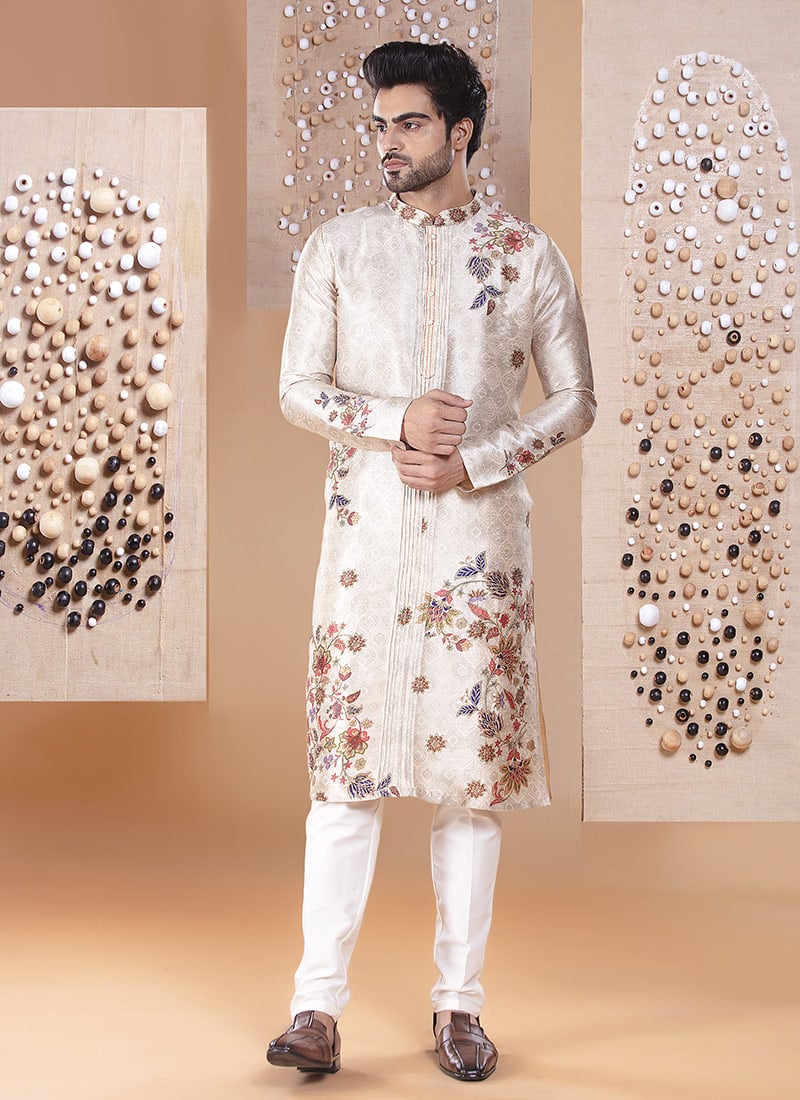 Multicolor Silk Printed With Embroidered Kurta Pyjama
