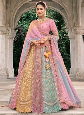 Multicolor Silk Thread Embroidered And Cut Work Umbrella Lehenga