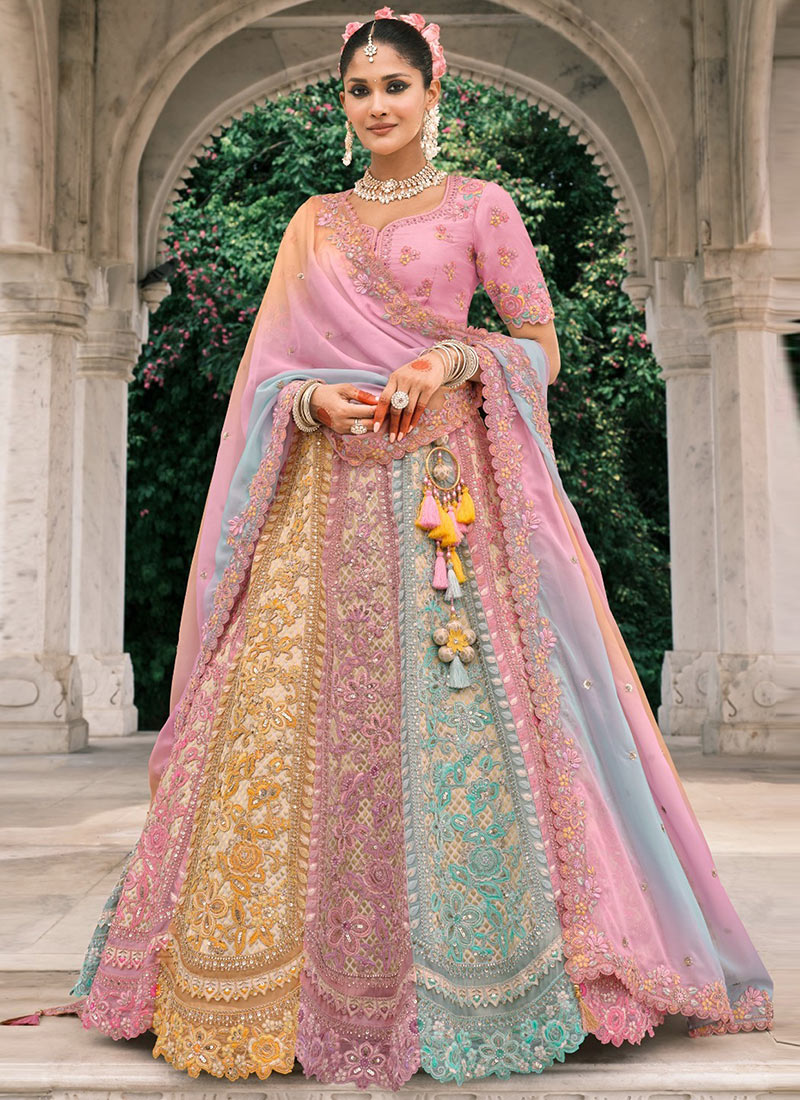 Multicolor Silk Thread Embroidered And Cut Work Umbrella Lehenga Wedding Wear