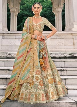 Multicolor Silk Thread Embroidered And Cut Work Umbrella Lehenga