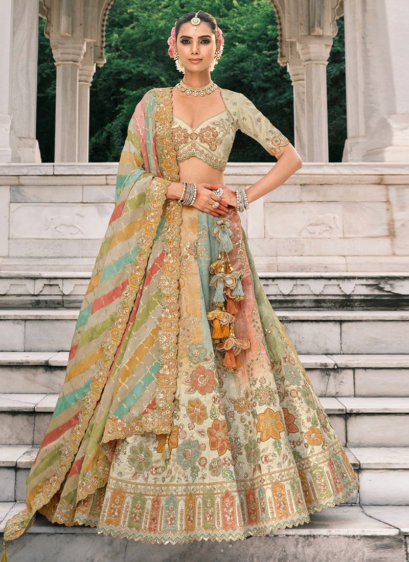 Multicolor Silk Thread Embroidered And Cut Work Umbrella Lehenga Wedding Wear