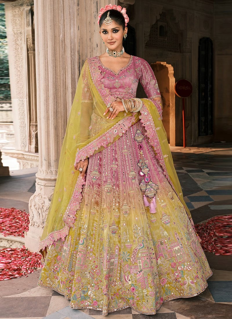 Multicolor Silk Thread Embroidered And Cut Work Umbrella Lehenga Wedding Wear