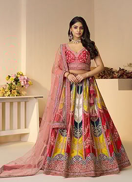Multicolor Silk Zari Embroidered Sequins With Stone Work Lehenga
