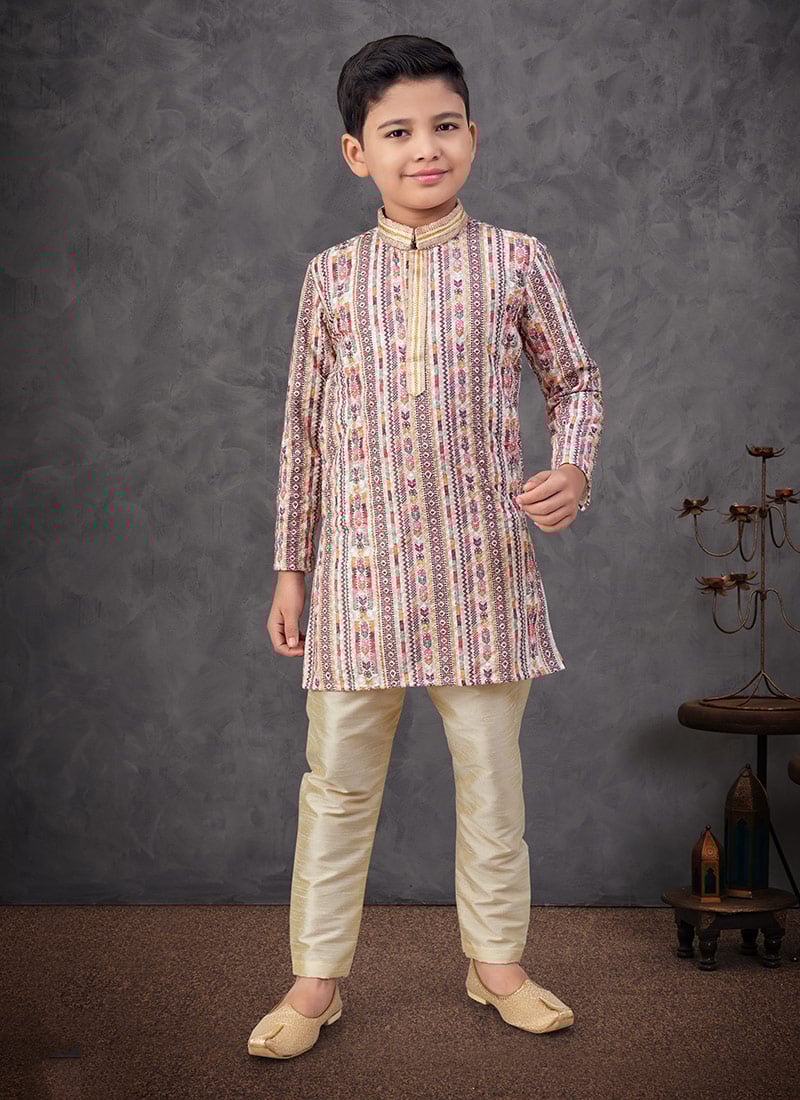 Multicolor Soft Rayon Printed And Embroidered Boys Kurta Pyjama Festive Wear