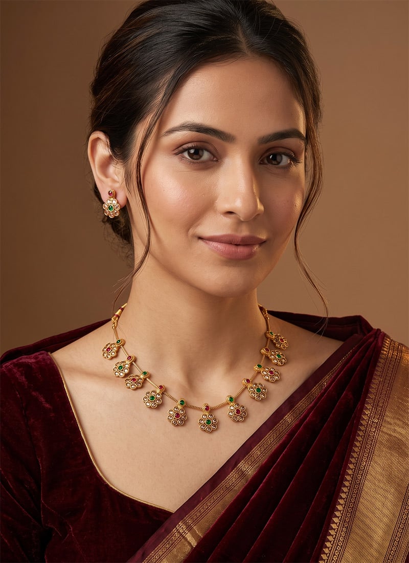 Multicolor Teardrop Motif Golden Necklace Set After Six Wear