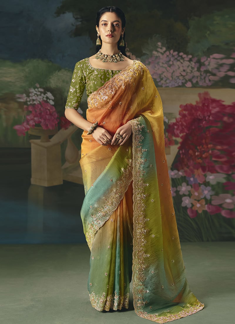 Multicolor Tissue Organza Sequins Embroidered With Stone Work Saree Wedding Wear