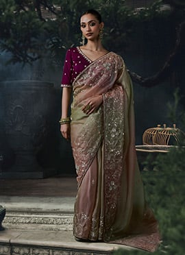 Multicolor Tissue Silk Floral Embroidery Sequins Stone Work Saree