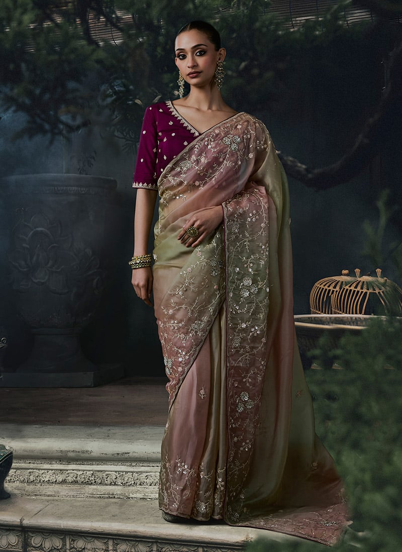 Multicolor Tissue Silk Floral Embroidery Sequins Stone Work Saree Wedding Wear