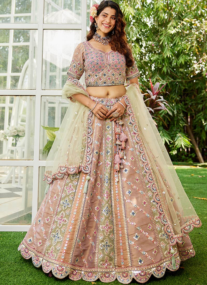 Multicolor Tissue Silk Gota And Moti Work With Embroidered Sequins Lehenga