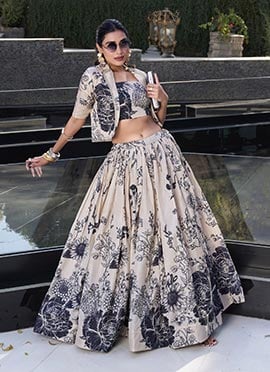 Multicolor Tussar Silk Floral Print Jacket Lehenga Set Festive Wear