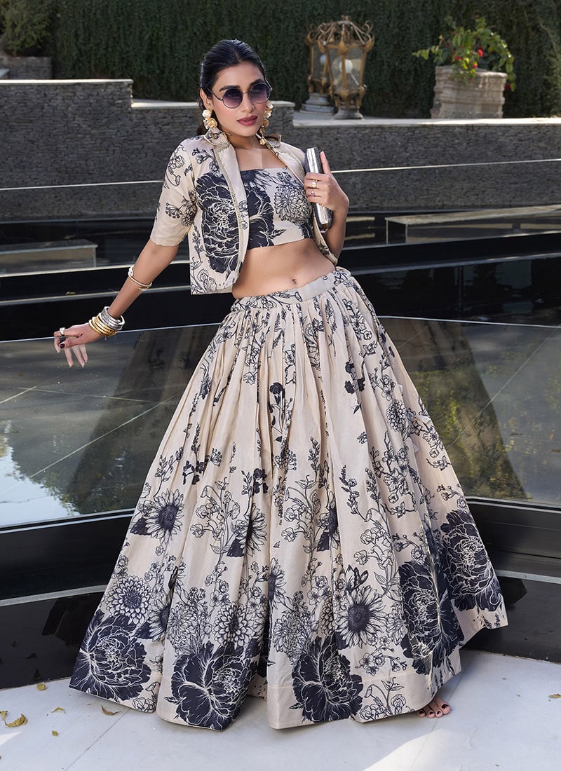 Multicolor Tussar Silk Floral Print Jacket Lehenga Set Festive Wear
