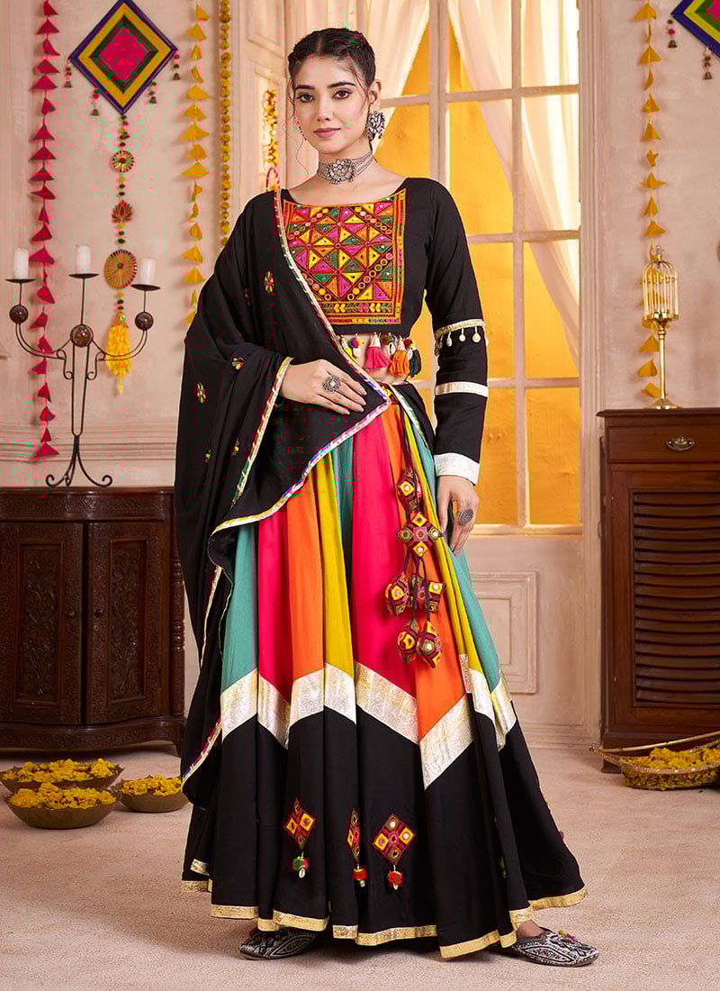 Multicolor Viscose Cotton Kutch And Mirror Gota Work Chaniya Choli