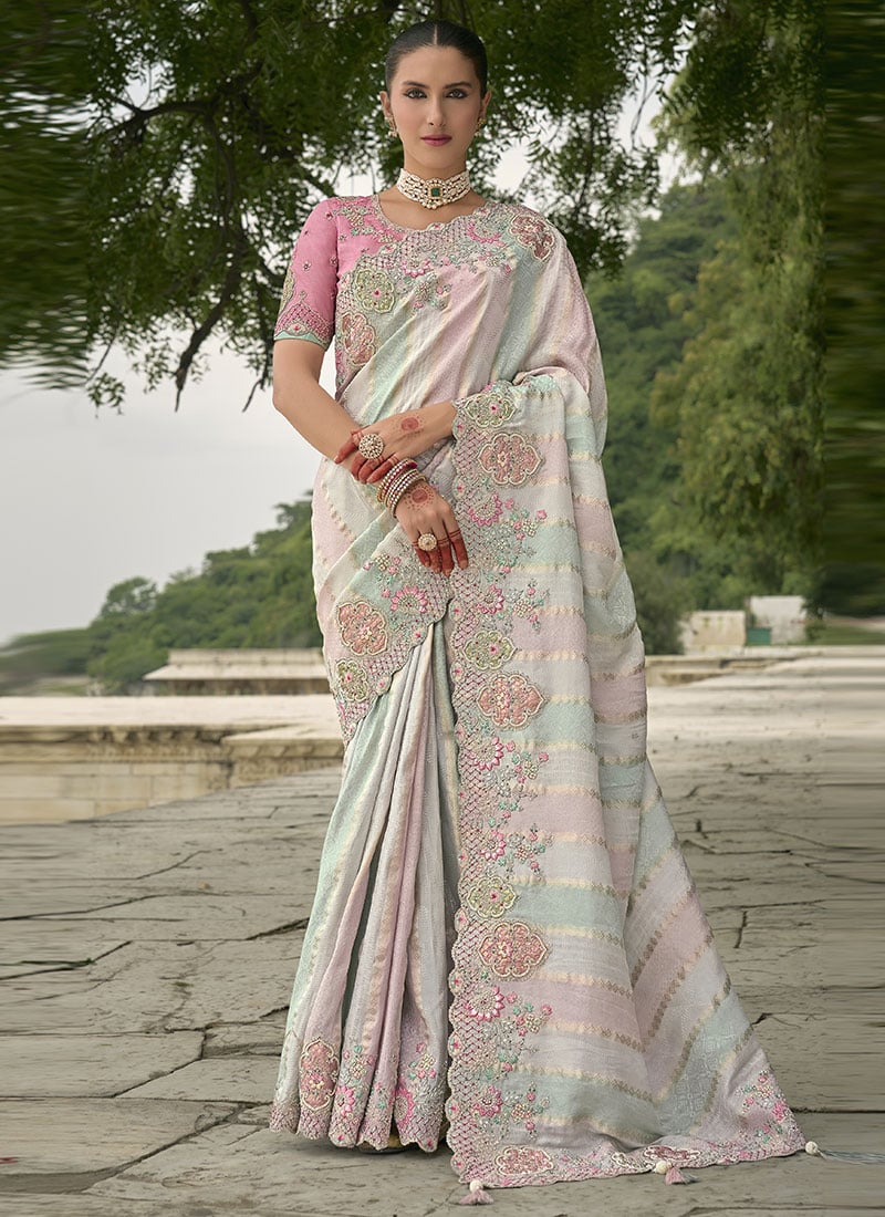 Multicolor Viscose Jacquard Zari Embroidered Sequins With Stone And Beads Work Saree Wedding Wear