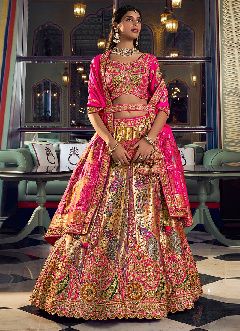 Multicolor Zari Embroidered Sequins Embroidered Banarasi Lehenga Wedding Wear