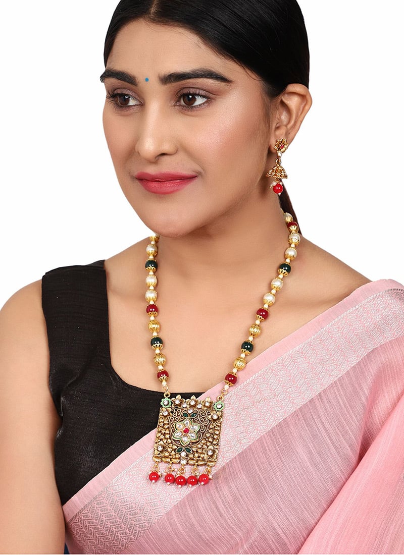 Multicolored Antique Floral Meenakari Square Pendant Gold Plated Necklace Set