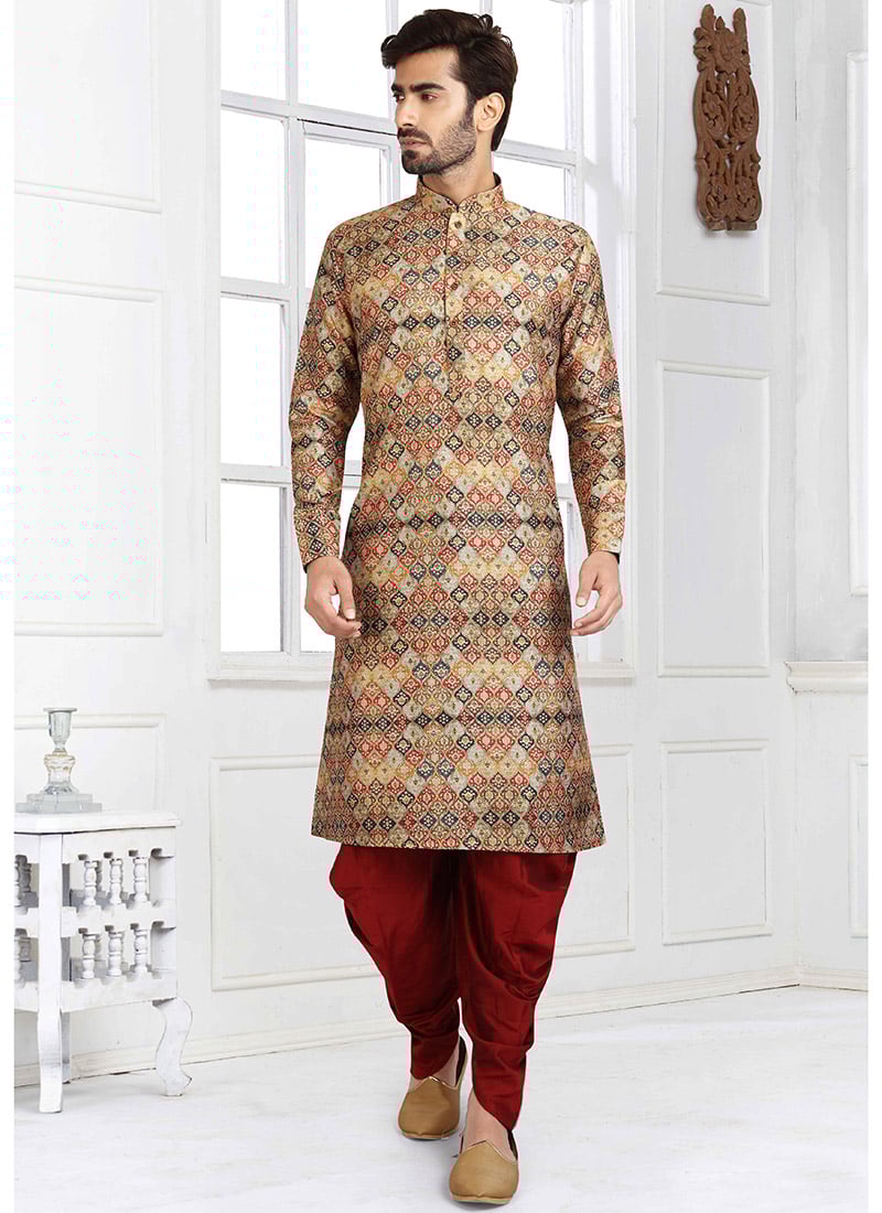 Multicolored Banarasi Silk Printed Kurta Pyjama  Party Wear