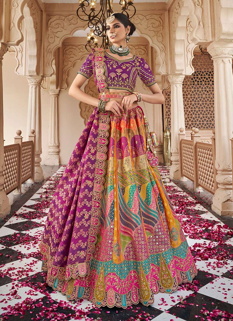 Multicolored Banarasi Silk Resham Sequins Embroidered And Printed Umbrella Lehenga Wedding Wear