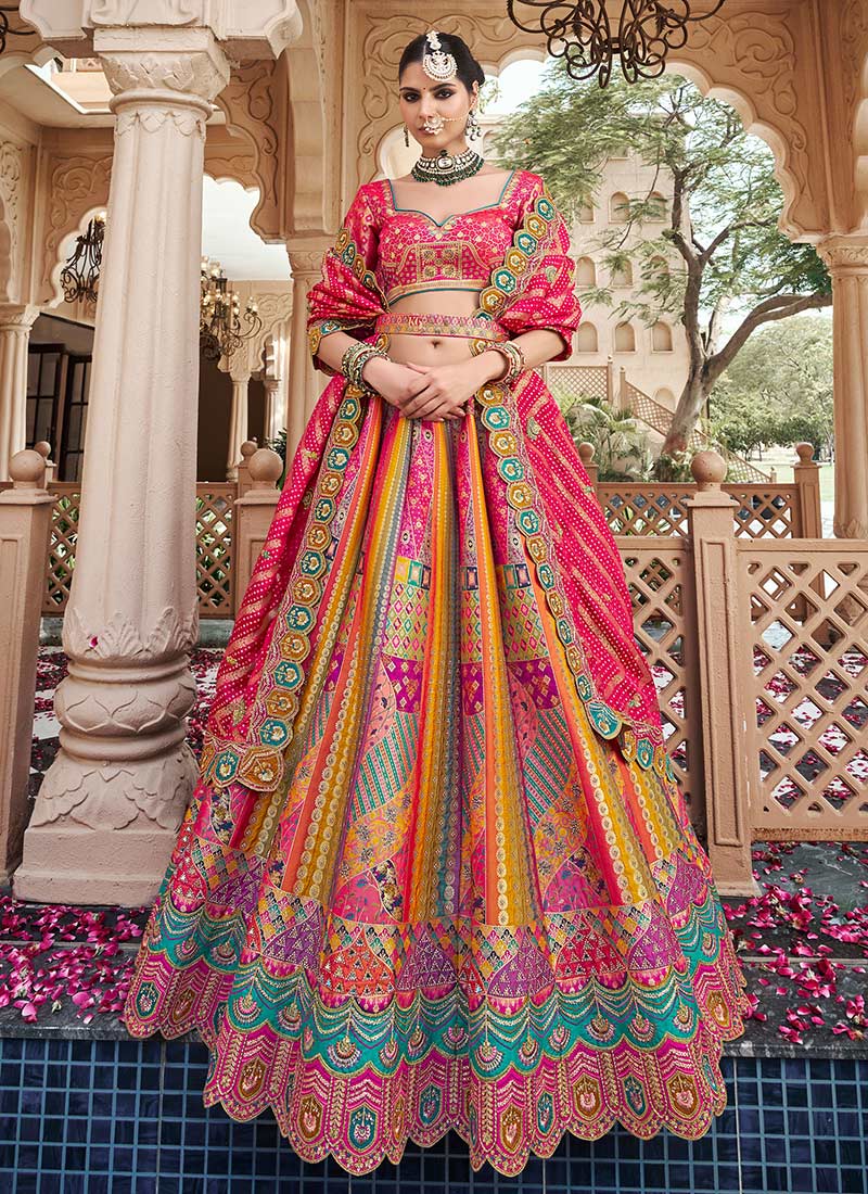 Multicolored Banarasi Silk Resham Sequins Embroidered And Printed Umbrella Lehenga Wedding Wear