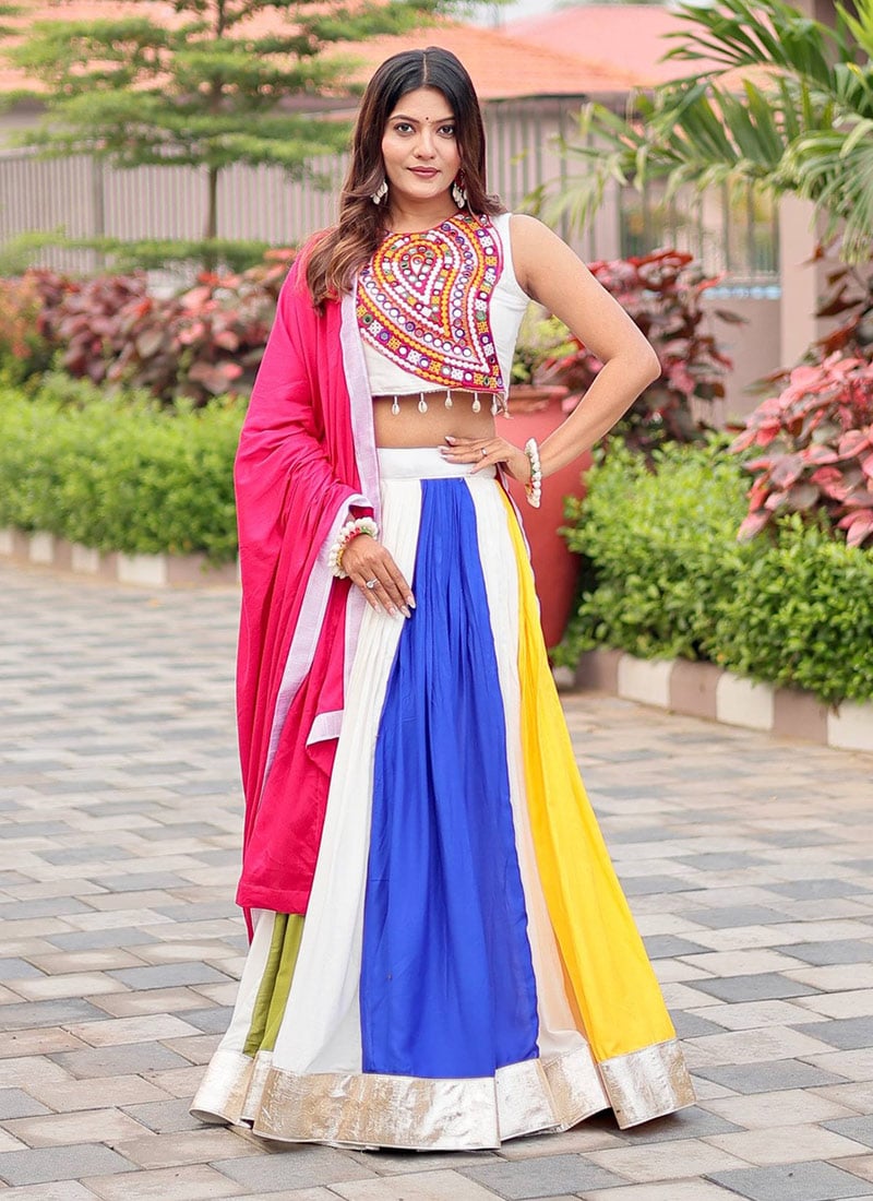 Multicolored Blended Cotton Kutch Mirror Work Chaniya Choli  Festive Wear