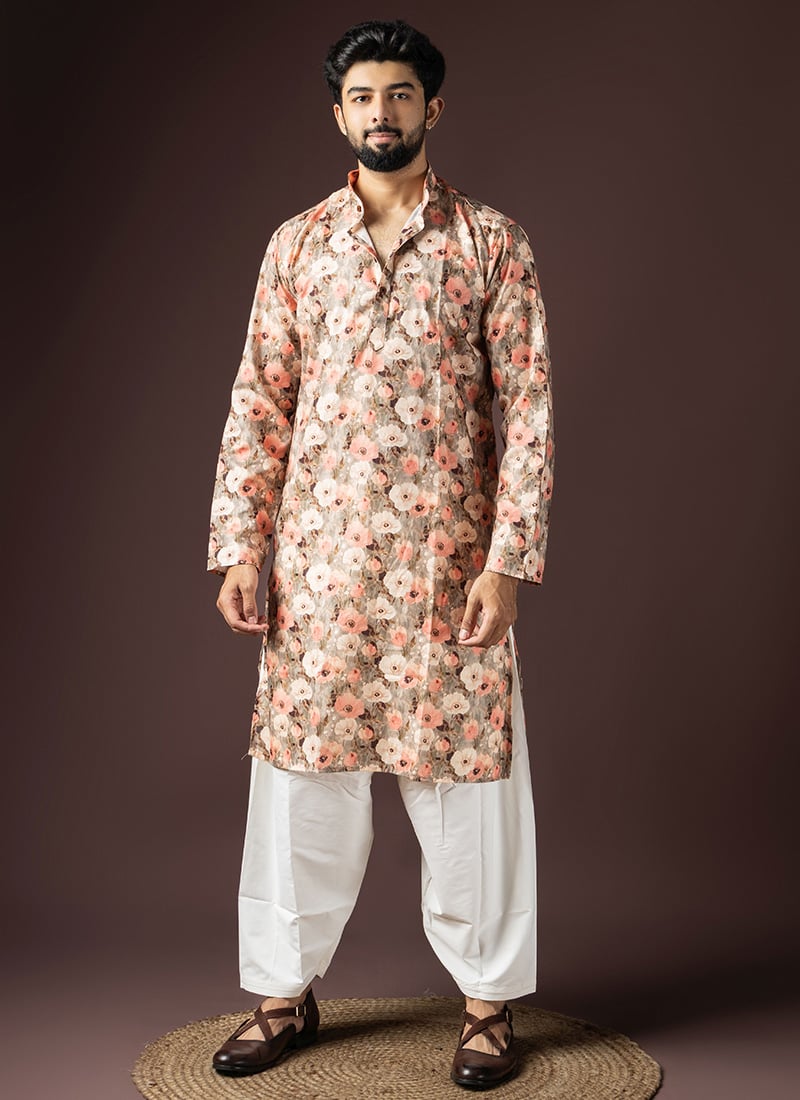 Multicolored Blended Cotton Printed Kurta Pyjama Festive Wear