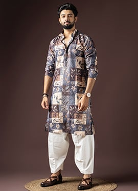 Multicolored Blended Cotton Printed Kurta Pyjama