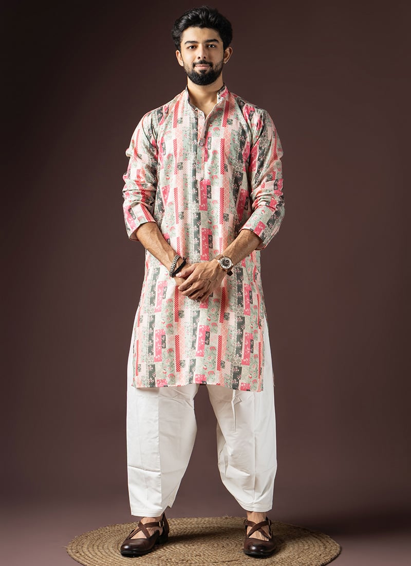 Multicolored Blended Cotton Printed Kurta Pyjama Festive Wear