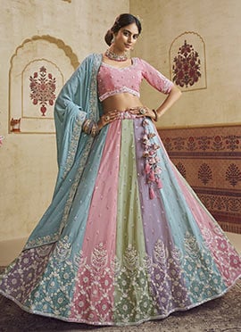 Multicolored Chiffon Sequins Embroidered Umbrella Lehenga Wedding Wear