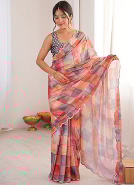 Multicolored Chinon Digital Print Cut Work Foil Mirror Border Saree