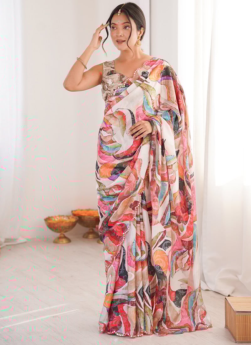 Multicolored Chinon Digital Print Cut Work Foil Mirror Border Saree After Six Wear