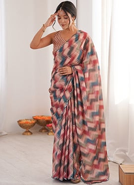 Multicolored Chinon Digital Print Foil Mirror Cut Work Saree