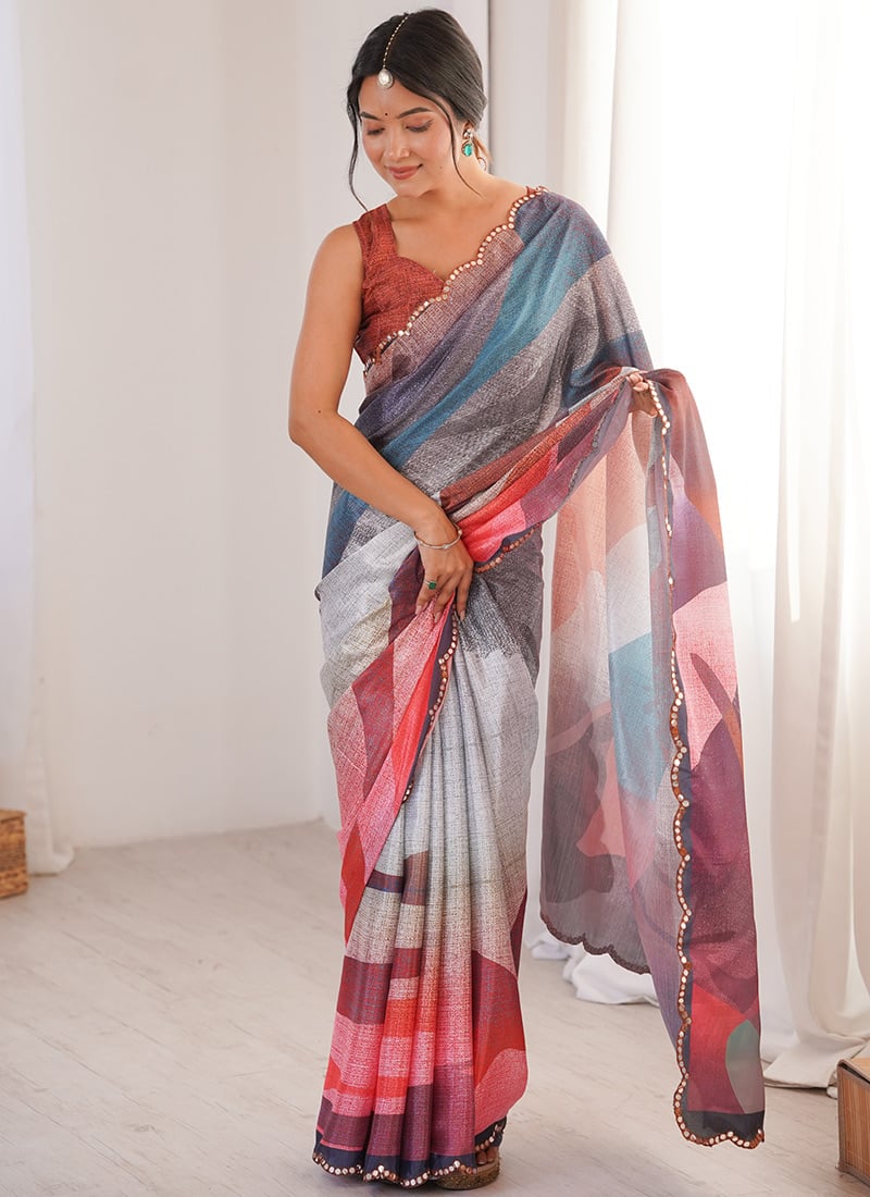 Multicolored Chinon Digital Print Foil Mirror Cut Work Saree After Six Wear