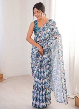 Multicolored Chinon Digital Print Foil Mirror Cut Work Saree